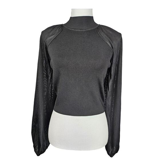 Sheike Tops - SHEIKE BLACK LONG-SLEEVE TOP – SIZE SMALL – SHEER SLEEVES – RIBBED BODICE